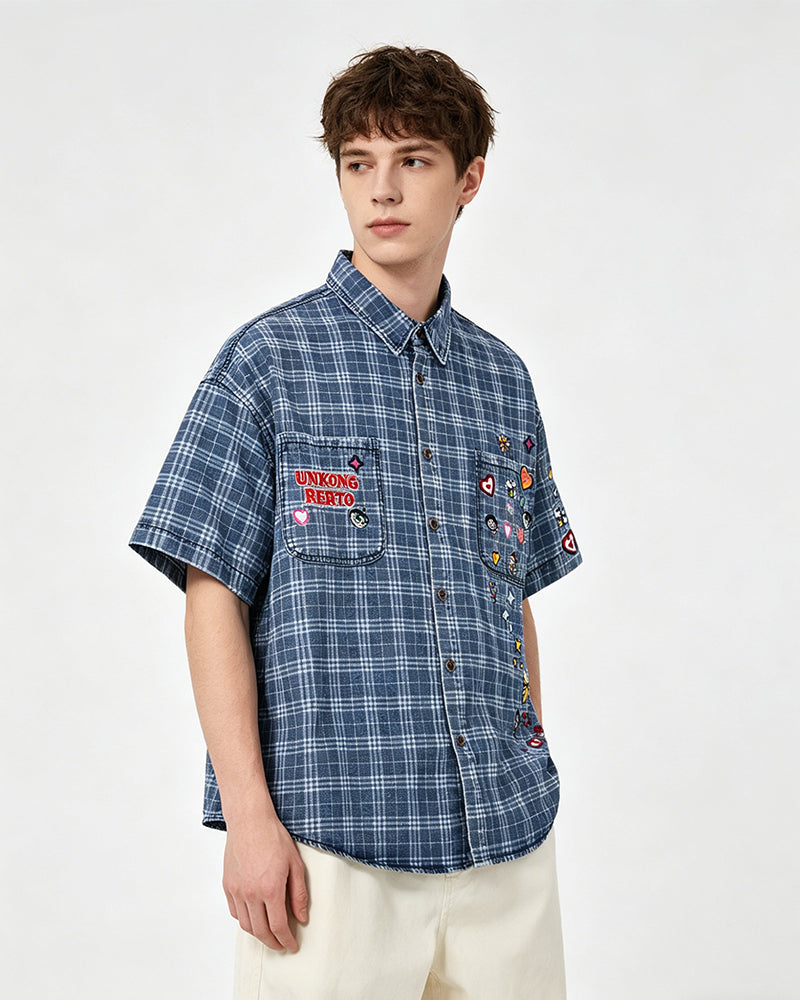 Embroidered plaid short-sleeved shirt