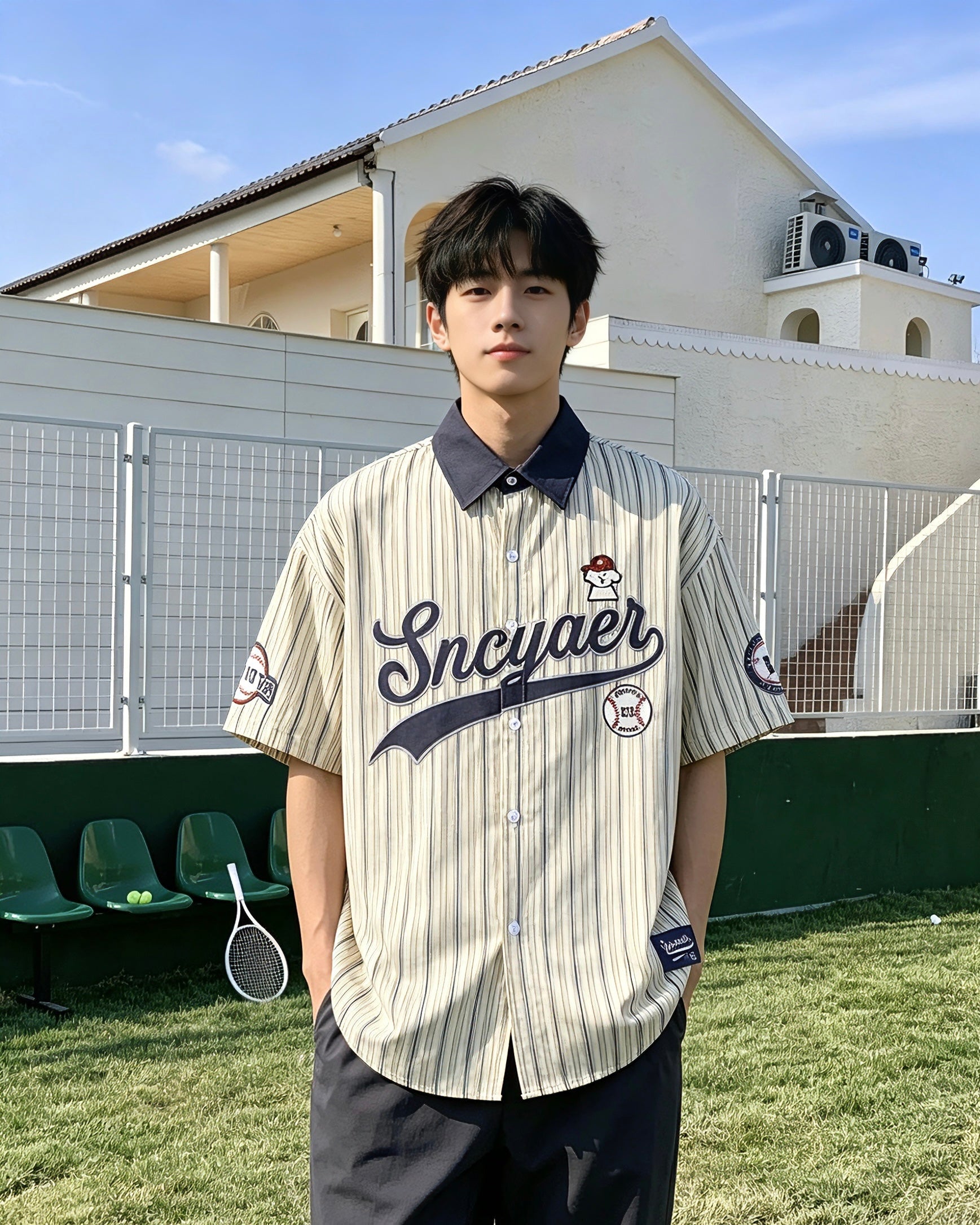 Retro vertical striped short-sleeved shirt