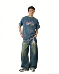 Distressed Washed Wide-Leg Jeans