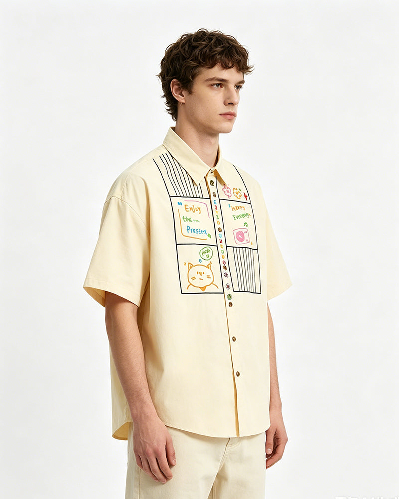 Cat Embroidered Short-Sleeve Shirt