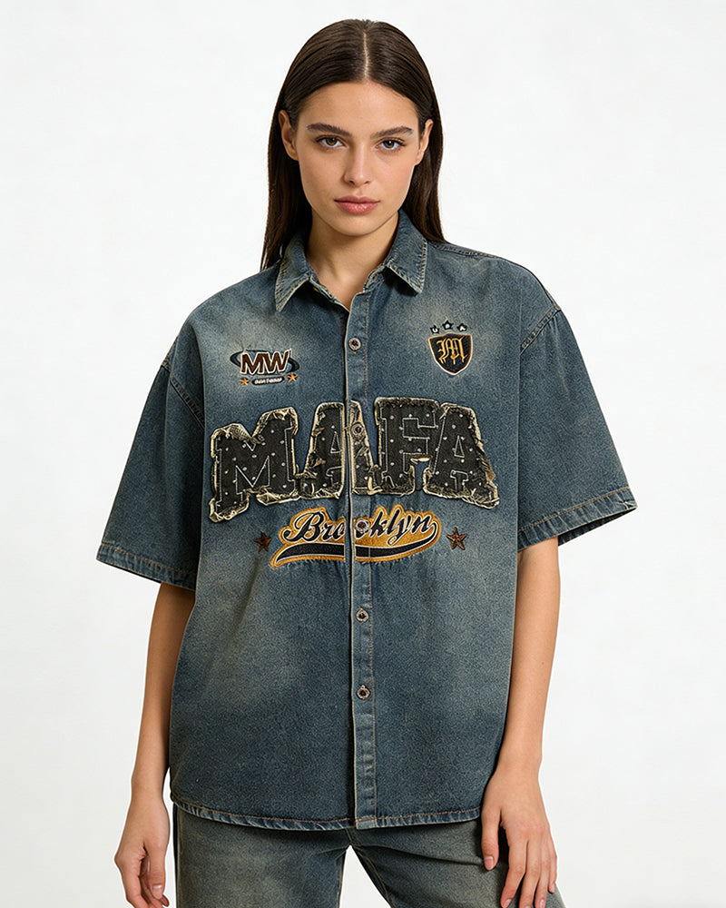 Distressed washed short-sleeved shirt