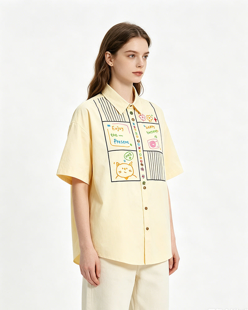 Cat Embroidered Short-Sleeve Shirt