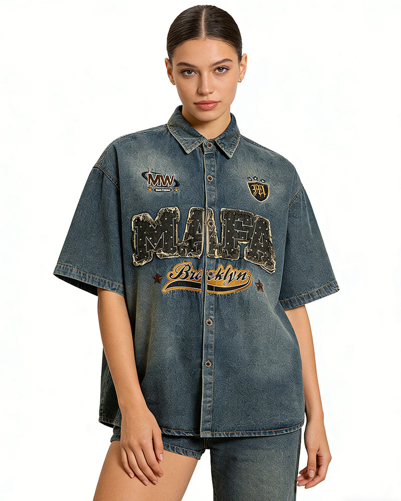 Distressed washed short-sleeved shirt