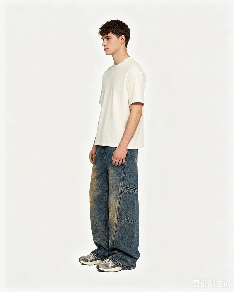 Washed distressed straight leg pants