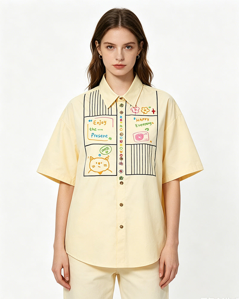 Cat Embroidered Short-Sleeve Shirt
