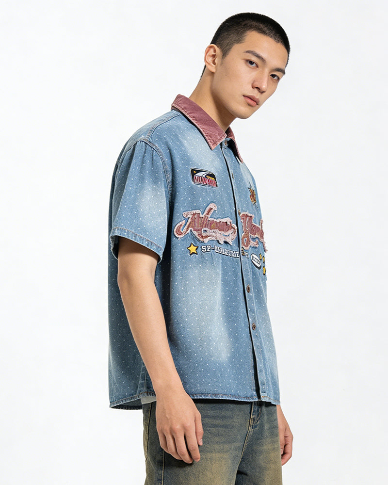 Washed polka dot short-sleeved shirt