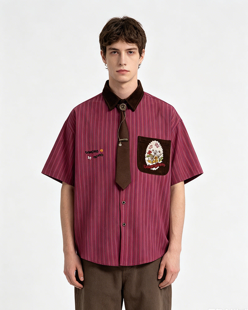 Embroidered color-blocked short-sleeved shirt
