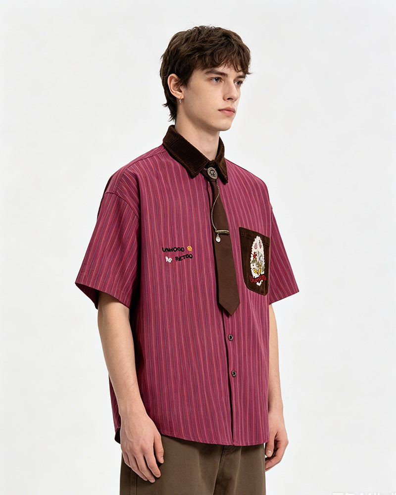 Embroidered color-blocked short-sleeved shirt