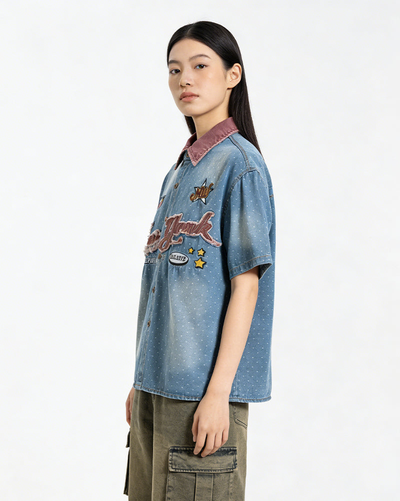 Washed polka dot short-sleeved shirt