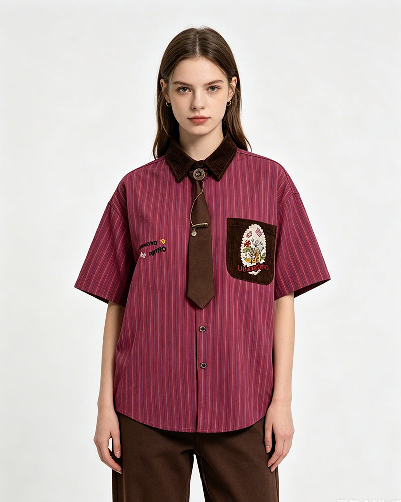 Embroidered color-blocked short-sleeved shirt