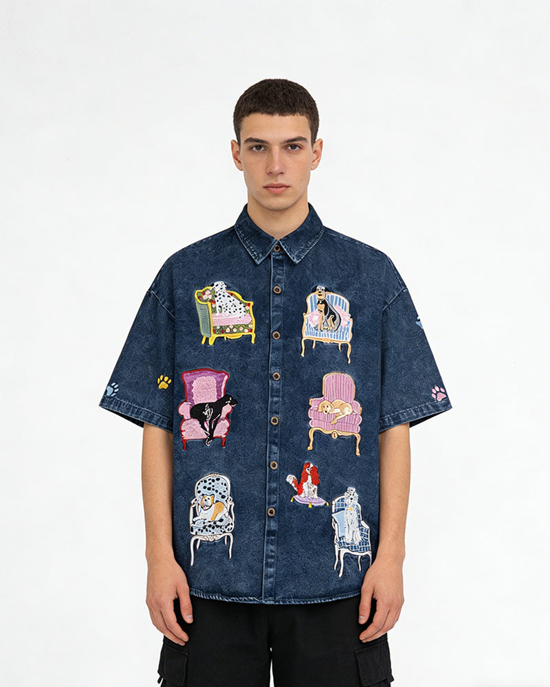 Dog Embroidered Denim Shirt