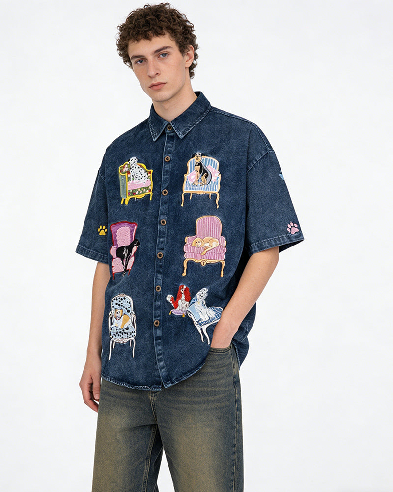 Dog Embroidered Denim Shirt