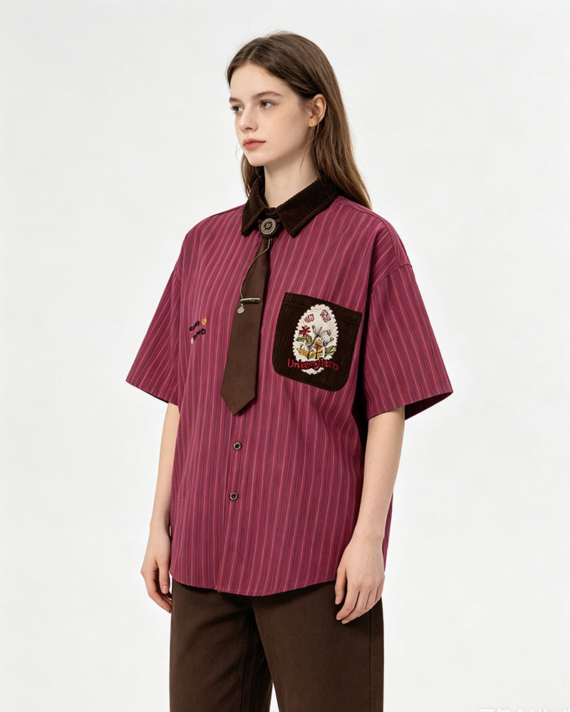 Embroidered color-blocked short-sleeved shirt