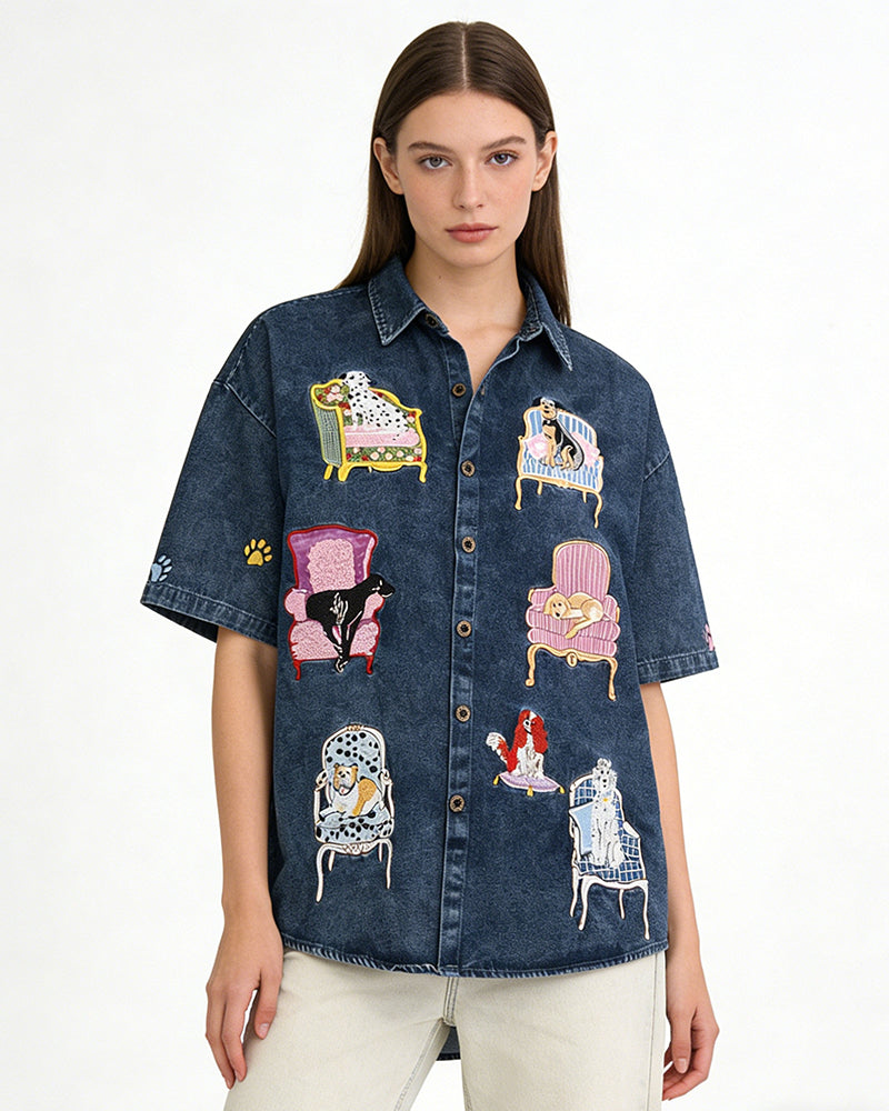 Dog Embroidered Denim Shirt