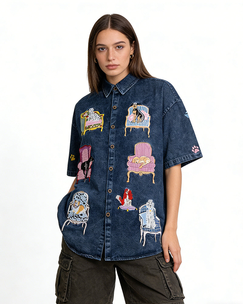 Dog Embroidered Denim Shirt