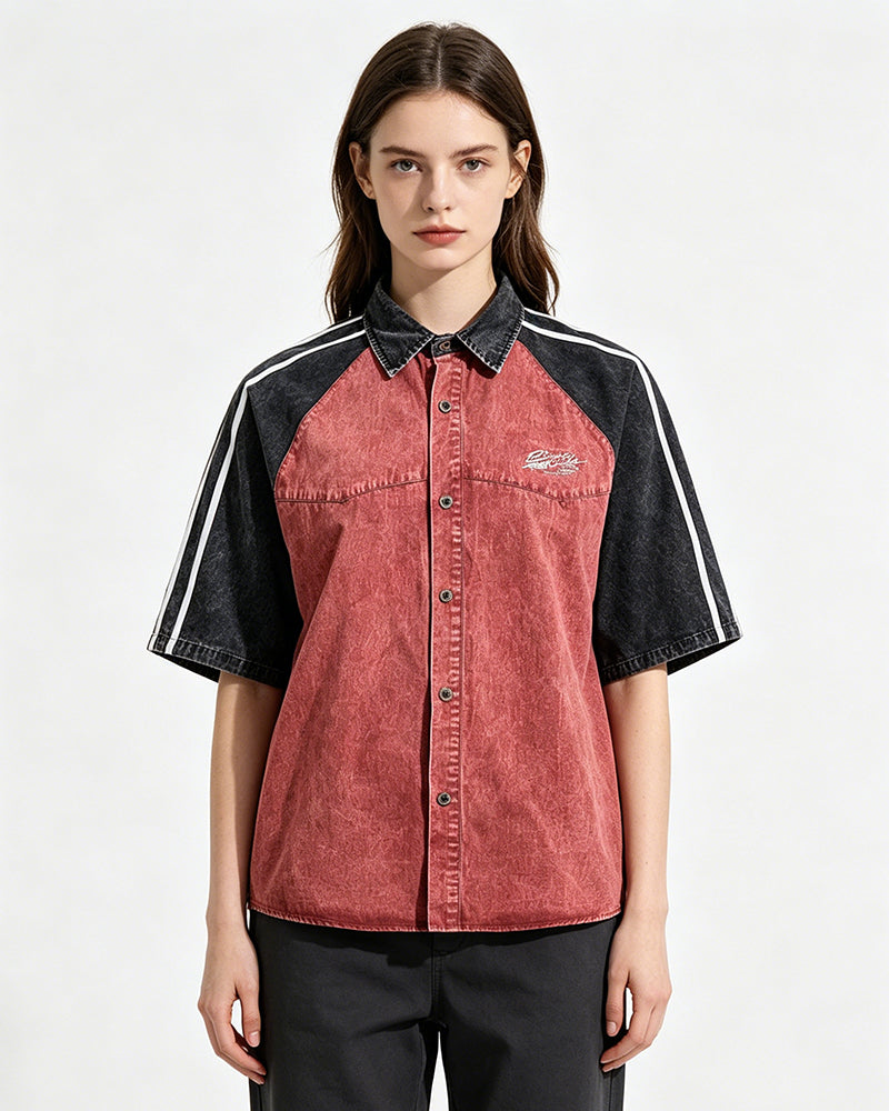 Distressed patchwork short-sleeved shirt