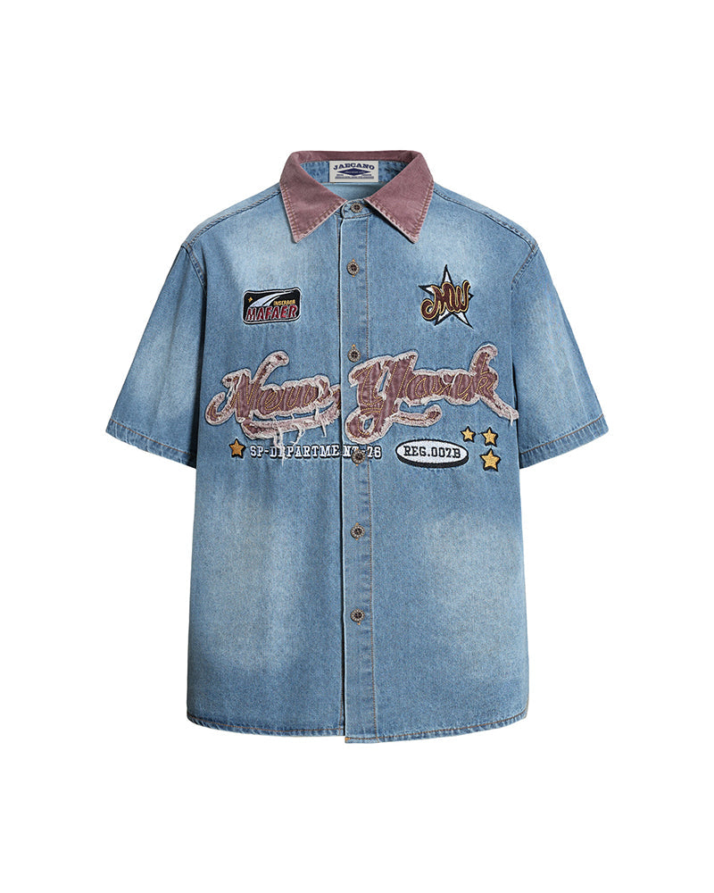 Retro color-blocked short-sleeved shirt