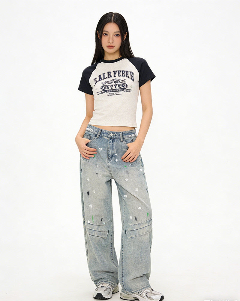 Distressed patchwork jeans