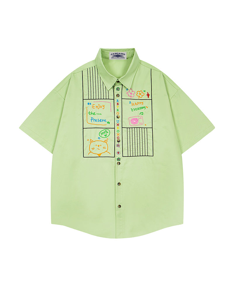 Cat Embroidered Short-Sleeve Shirt