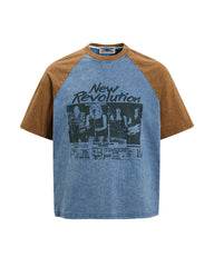 Retro color-blocked raglan sleeve short sleeve