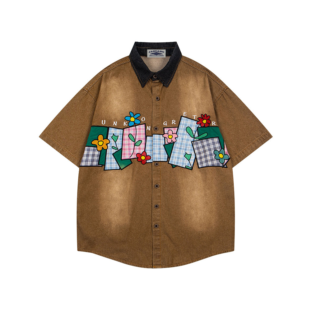 Floral appliqué short-sleeved shirt