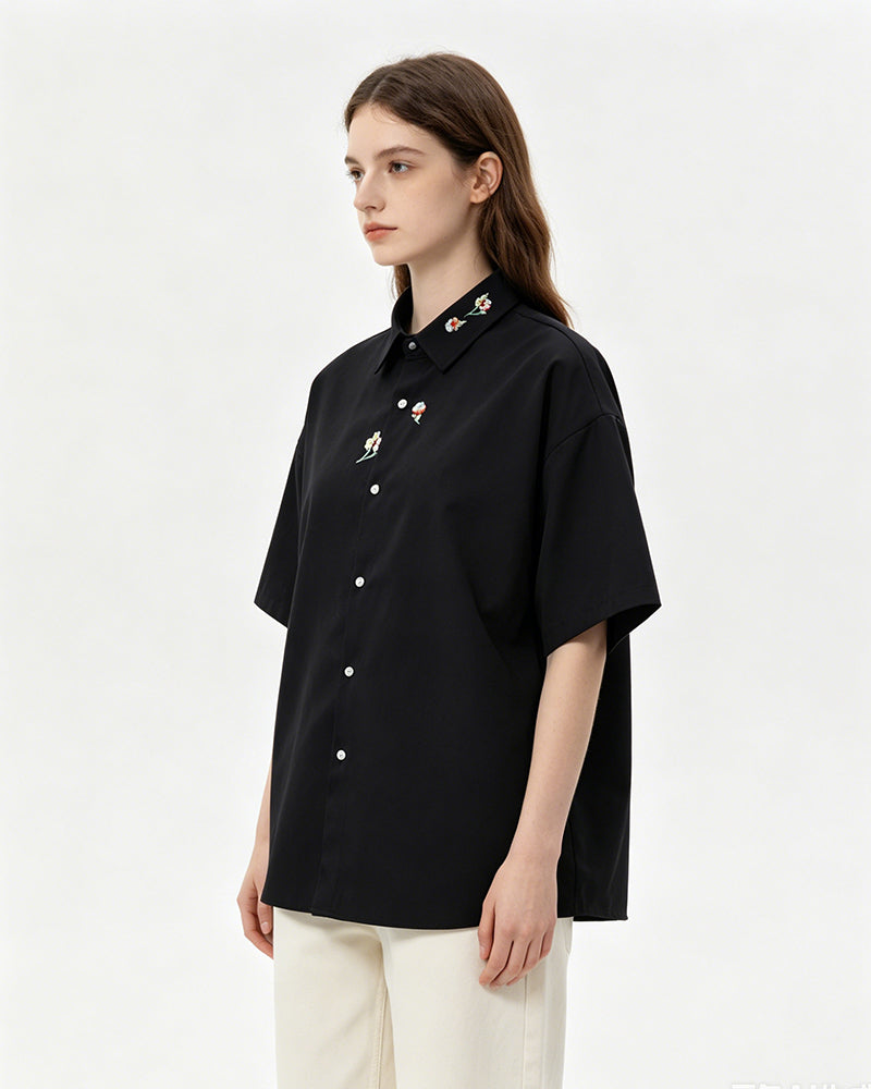 Floral Embroidery Short-Sleeve Shirt