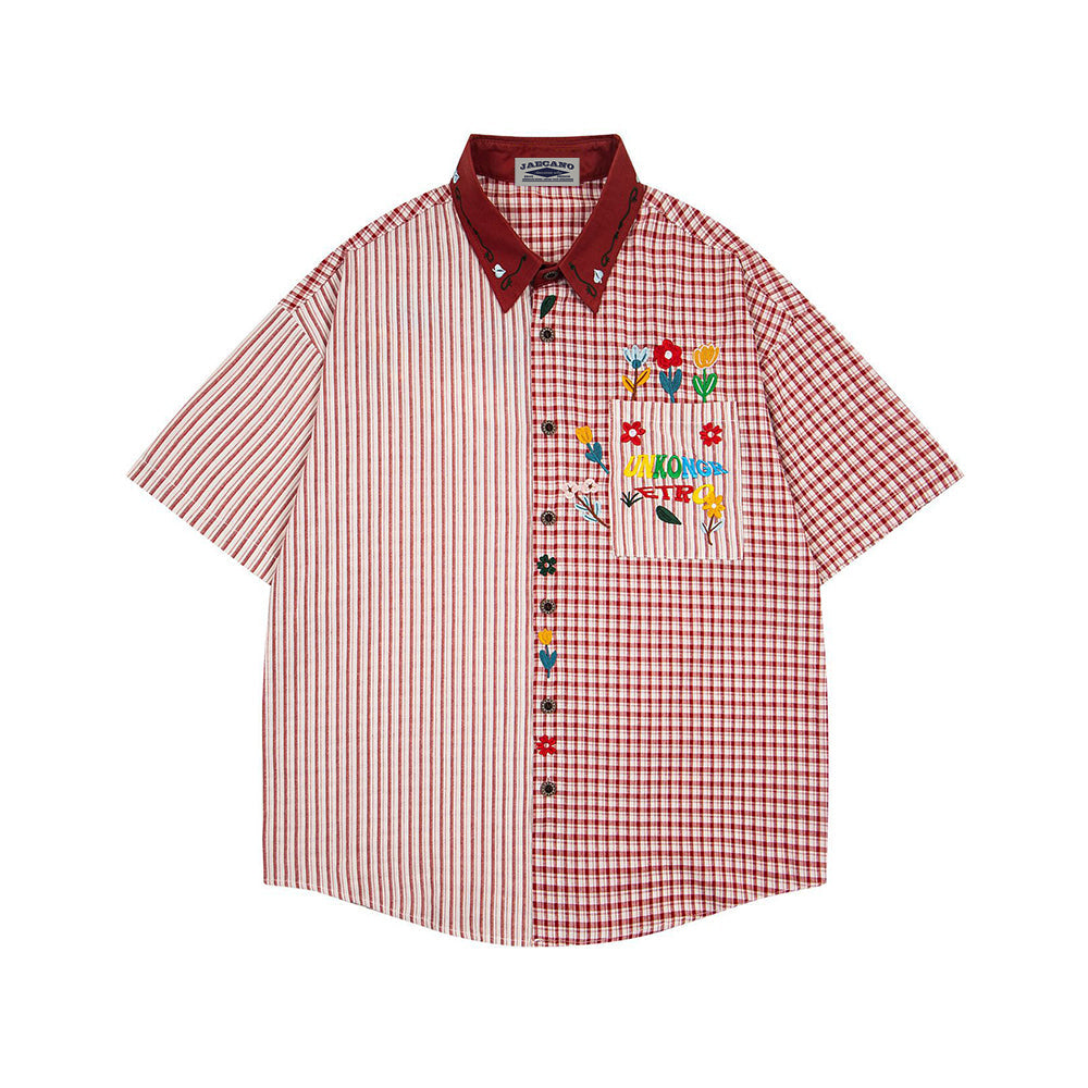 Embroidered color-blocked short-sleeved shirt