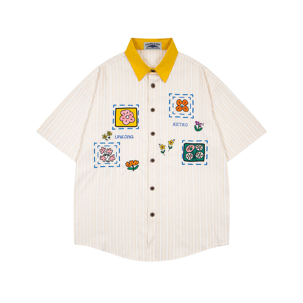 Color-blocked striped short-sleeved shirt
