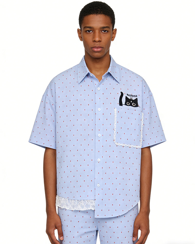 Cat Embroidered Short-Sleeve Shirt