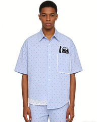 Cat Embroidered Short-Sleeve Shirt
