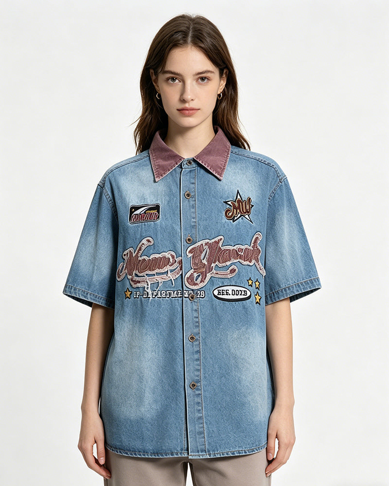 Retro color-blocked short-sleeved shirt