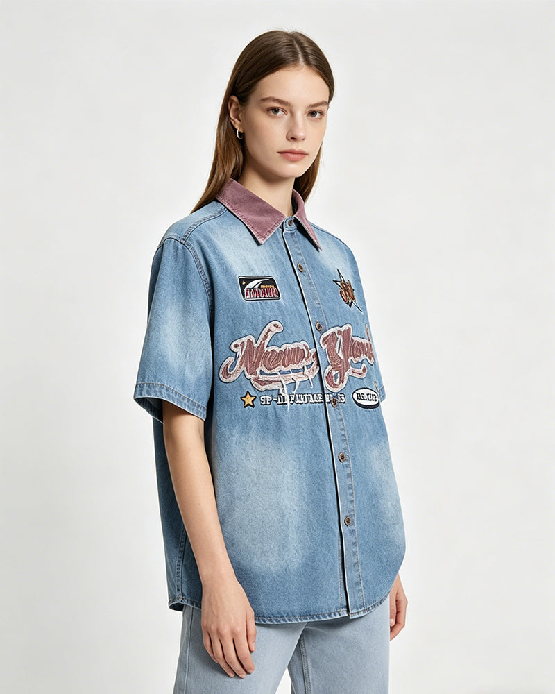 Retro color-blocked short-sleeved shirt