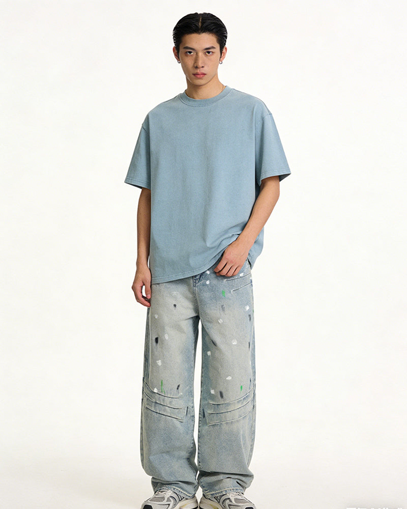 Distressed patchwork jeans