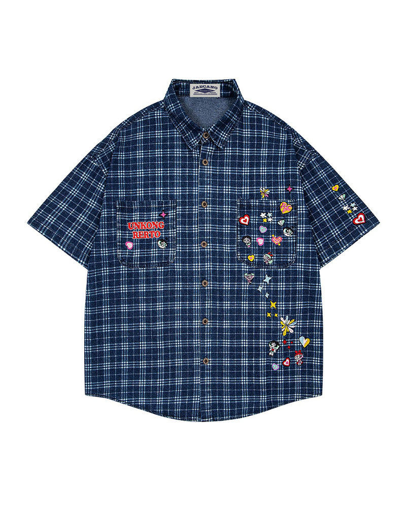 Embroidered plaid short-sleeved shirt