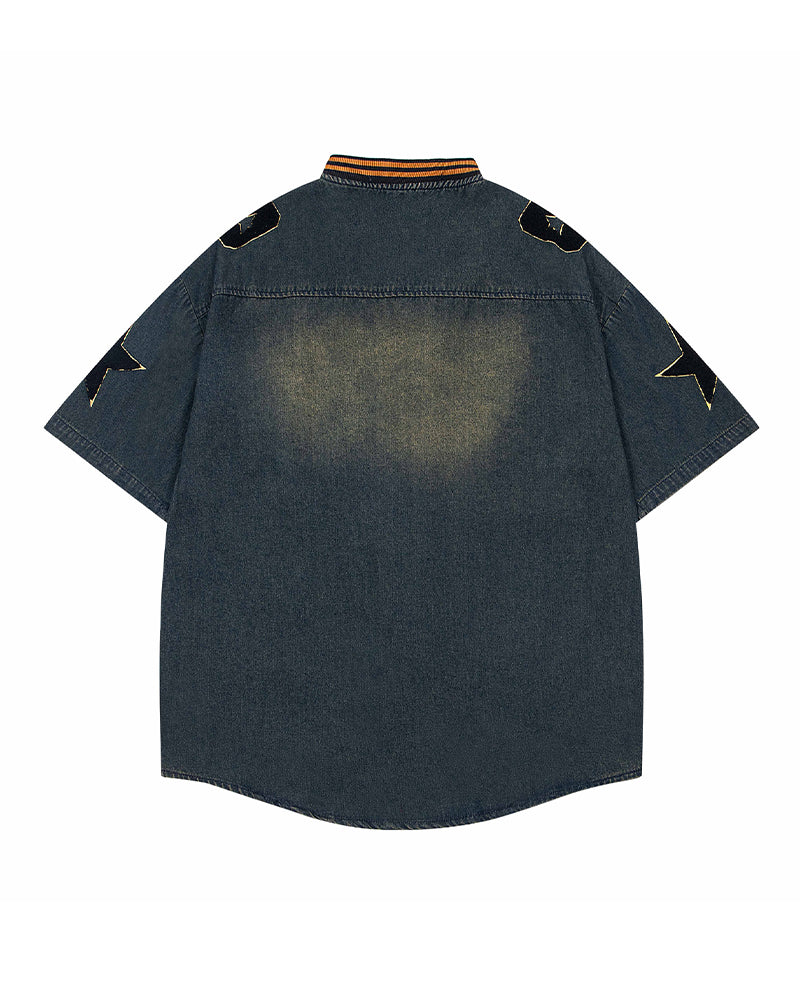 Distressed letter embroidered short-sleeved shirt