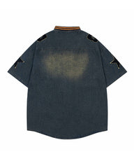 Distressed letter embroidered short-sleeved shirt