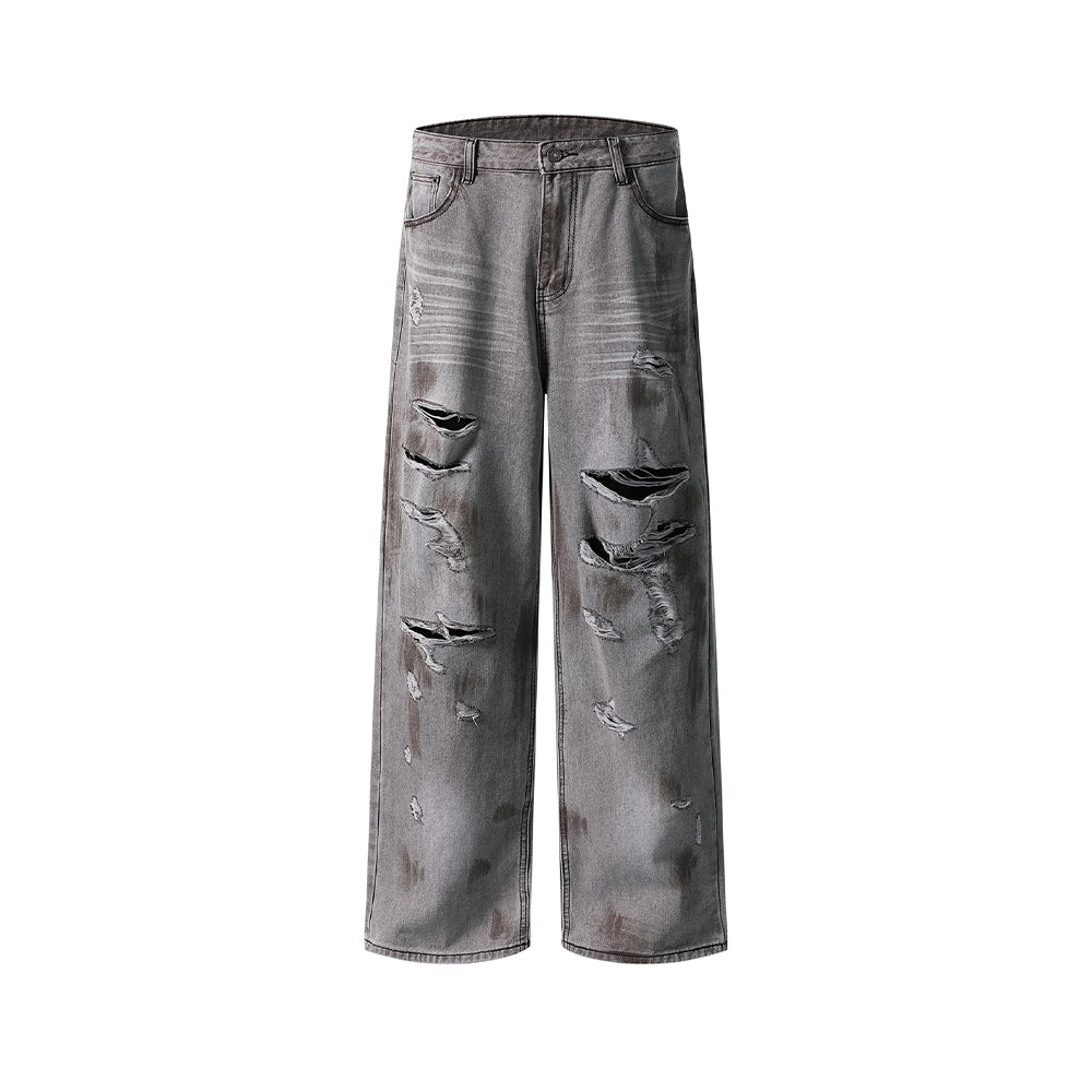 Distressed washed straight jeans