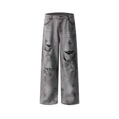 Distressed washed straight jeans