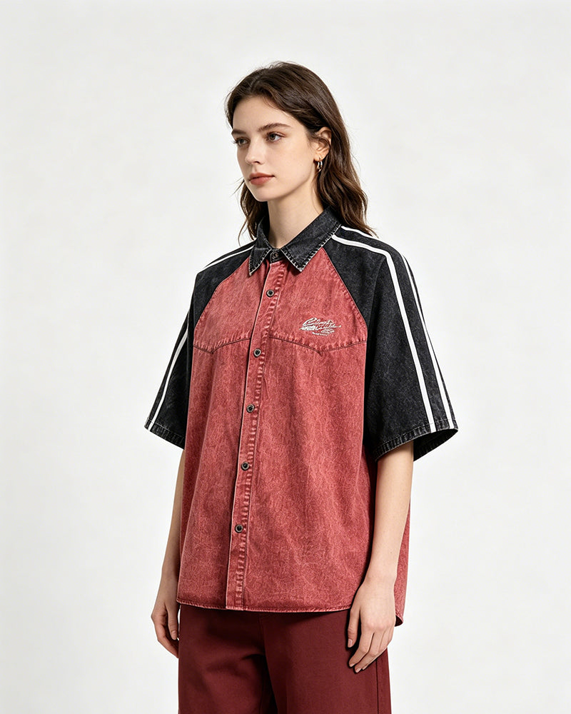 Distressed patchwork short-sleeved shirt