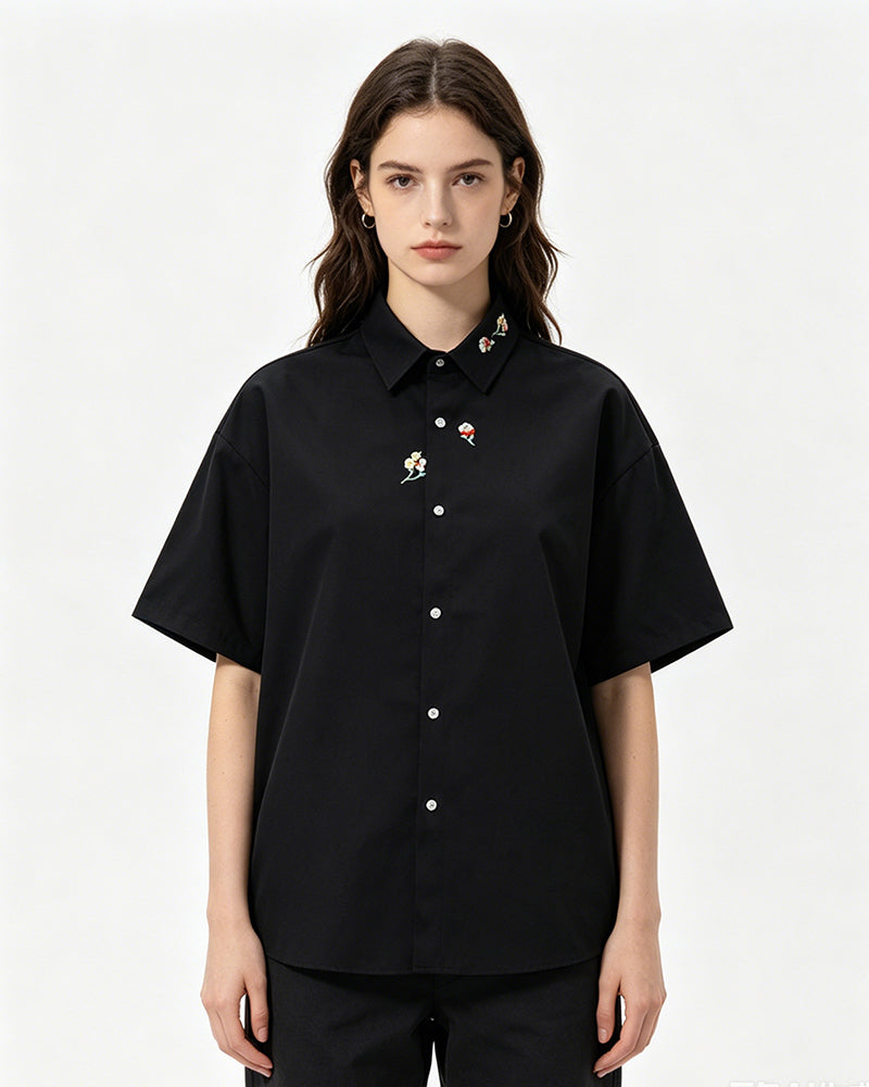 Floral Embroidery Short-Sleeve Shirt