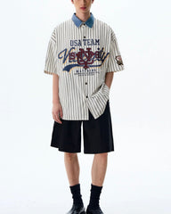Lettering striped short-sleeved shirt