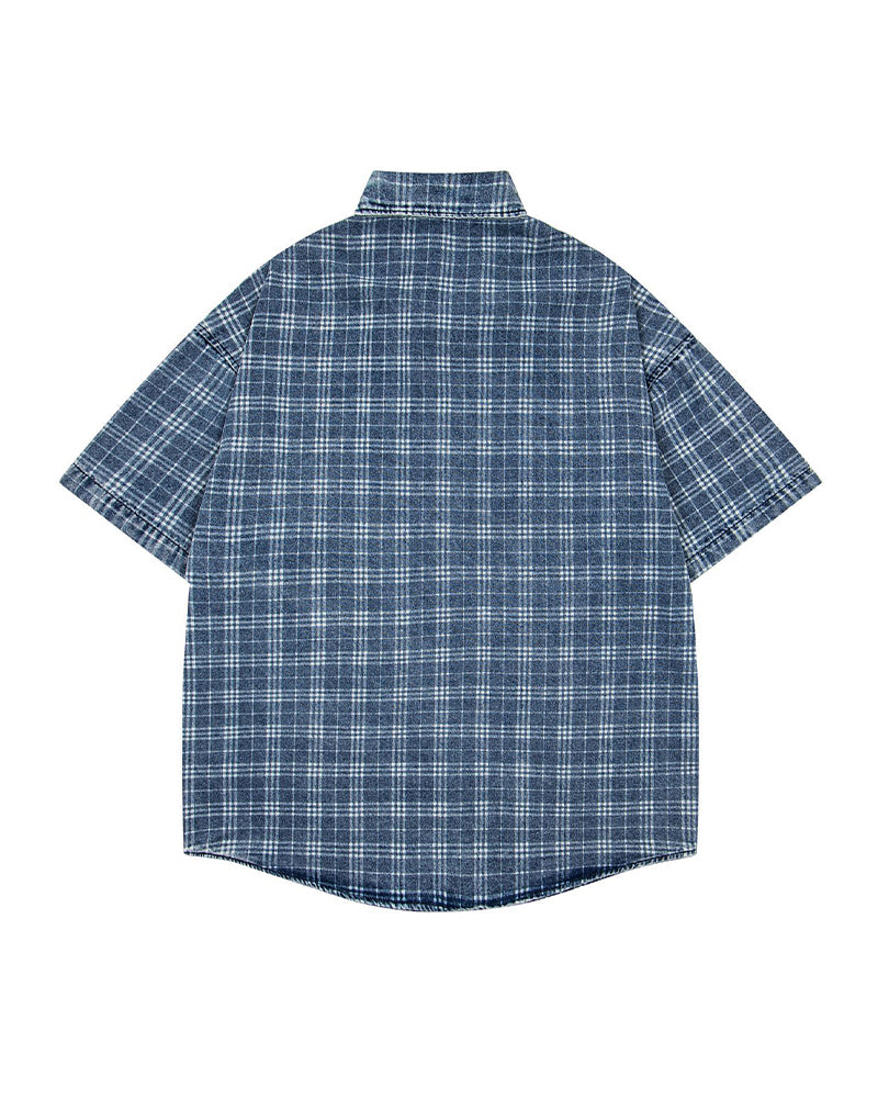 Embroidered plaid short-sleeved shirt
