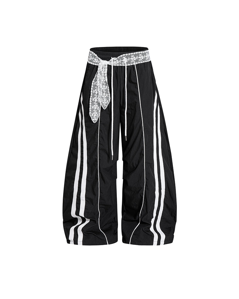 Lace color-blocked striped trousers