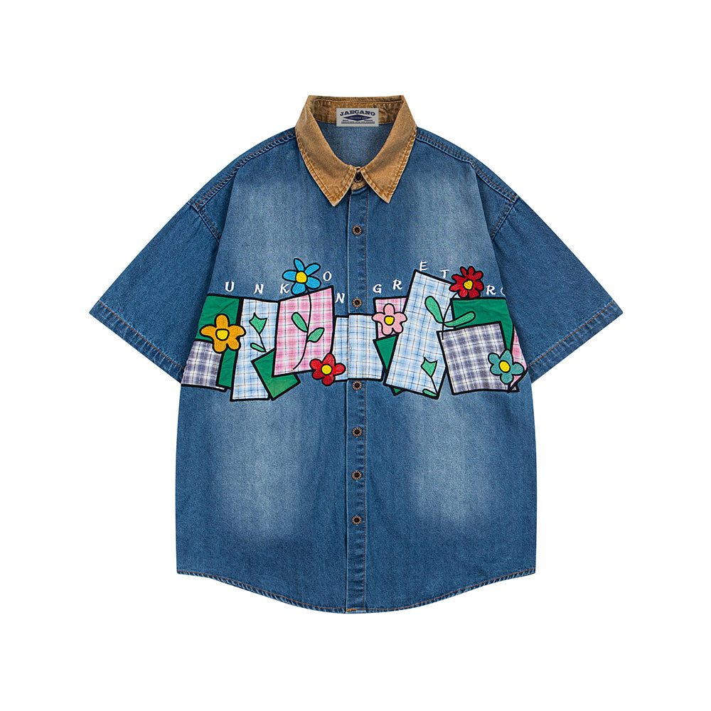 Floral appliqué short-sleeved shirt
