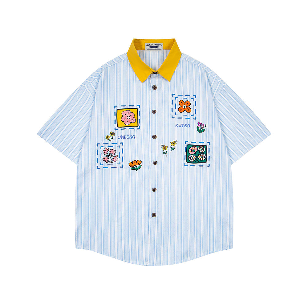 Color-blocked striped short-sleeved shirt