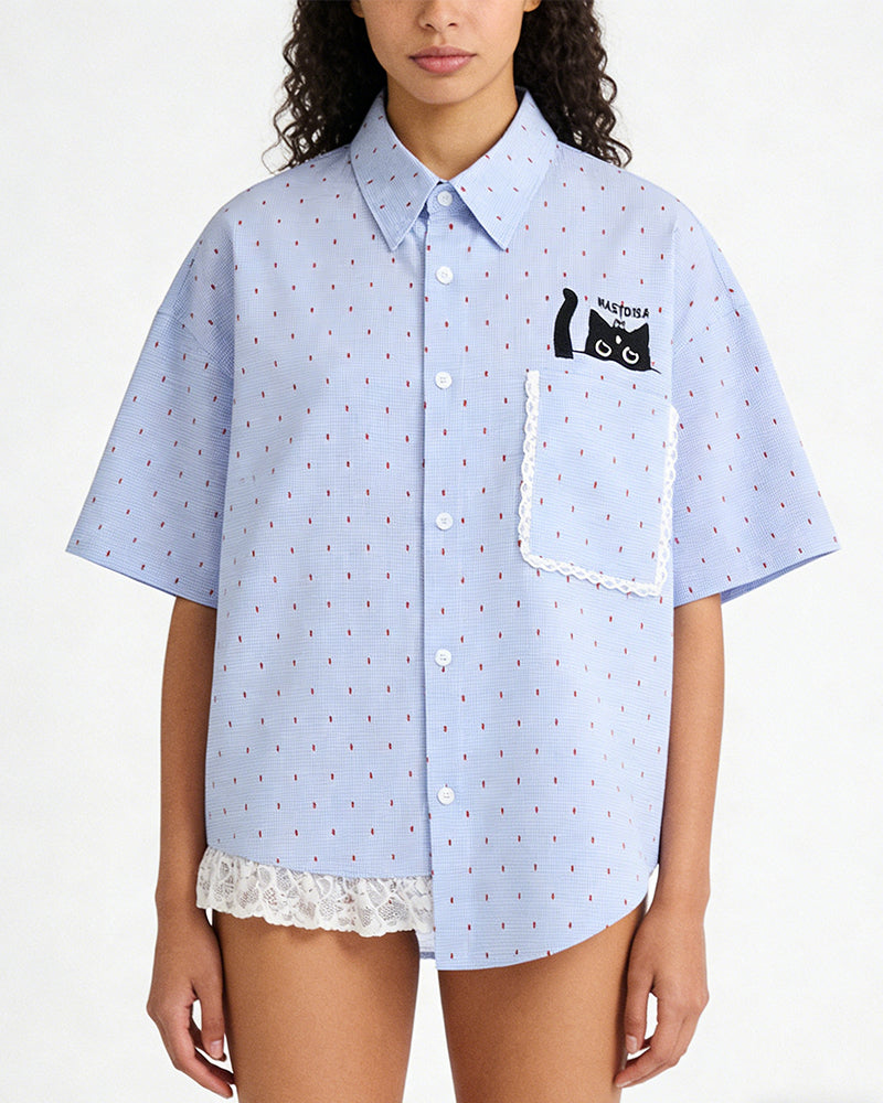 Cat Embroidered Short-Sleeve Shirt