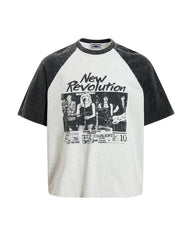 Retro color-blocked raglan sleeve short sleeve