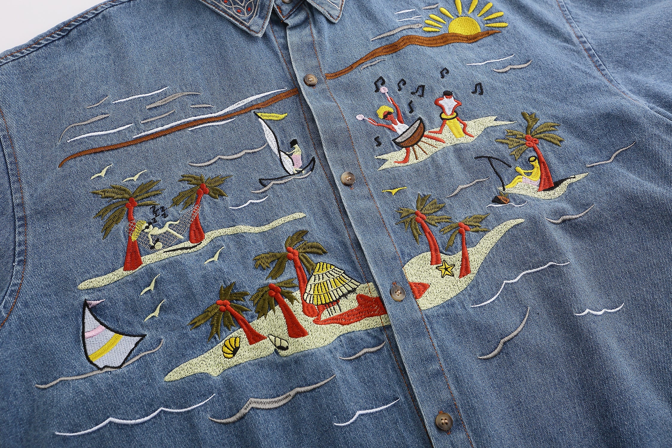 American vintage seaside embroidered denim shirt