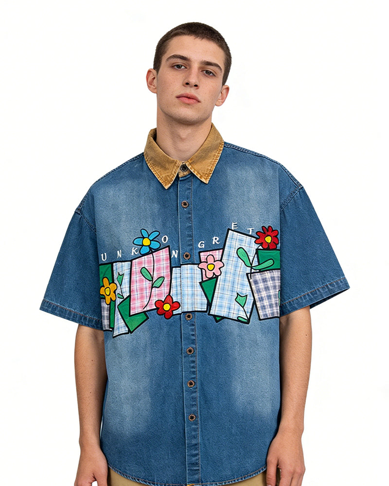 Floral appliqué short-sleeved shirt
