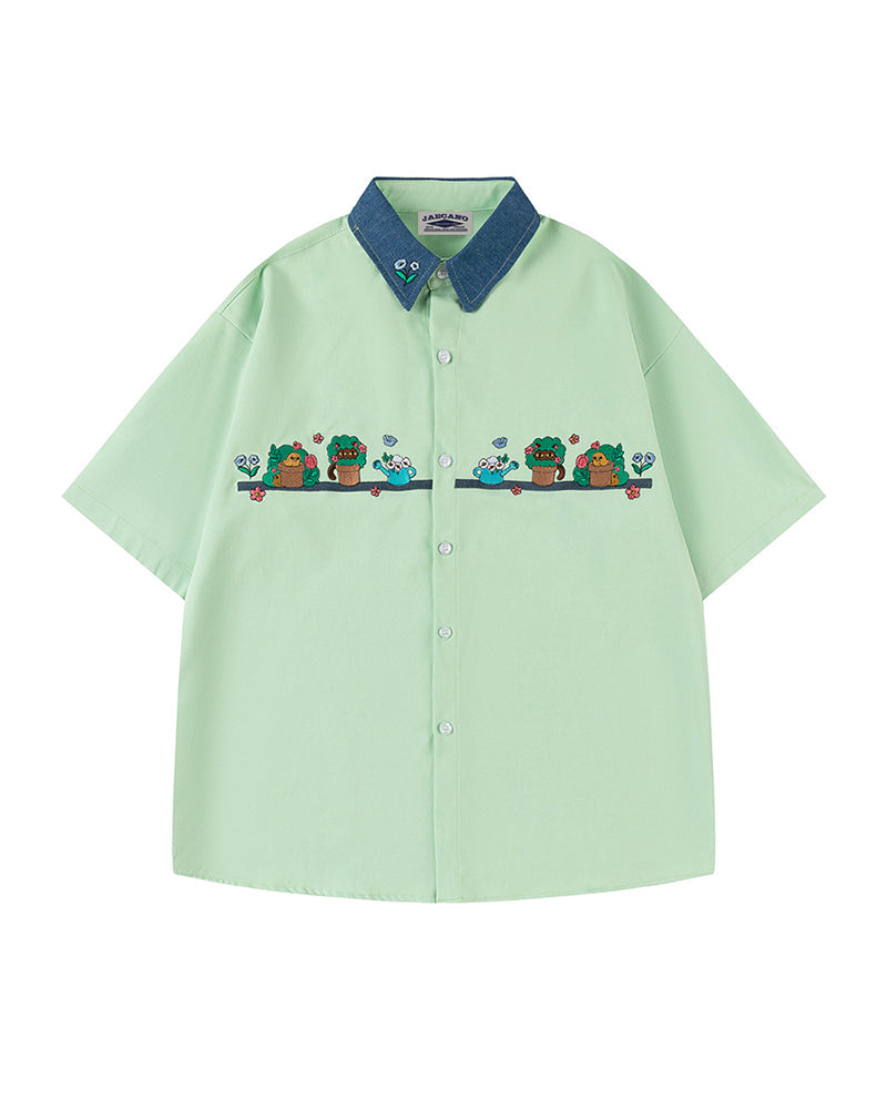 Contrast color stitching cute short sleeve shirt
